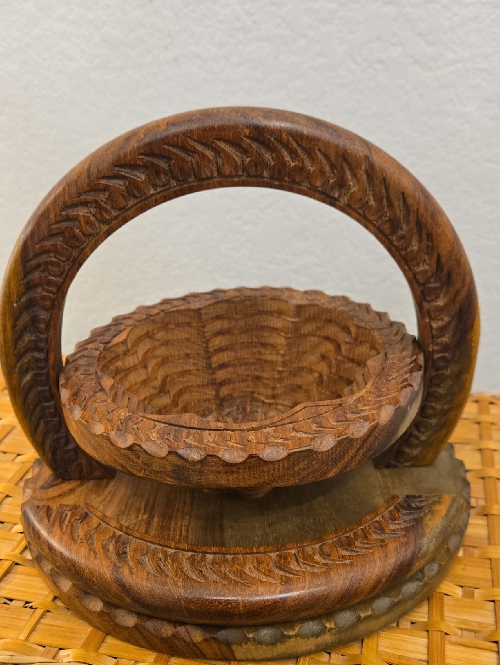 Hand-Carved Brown Wooden Decorative Basket with Handle
